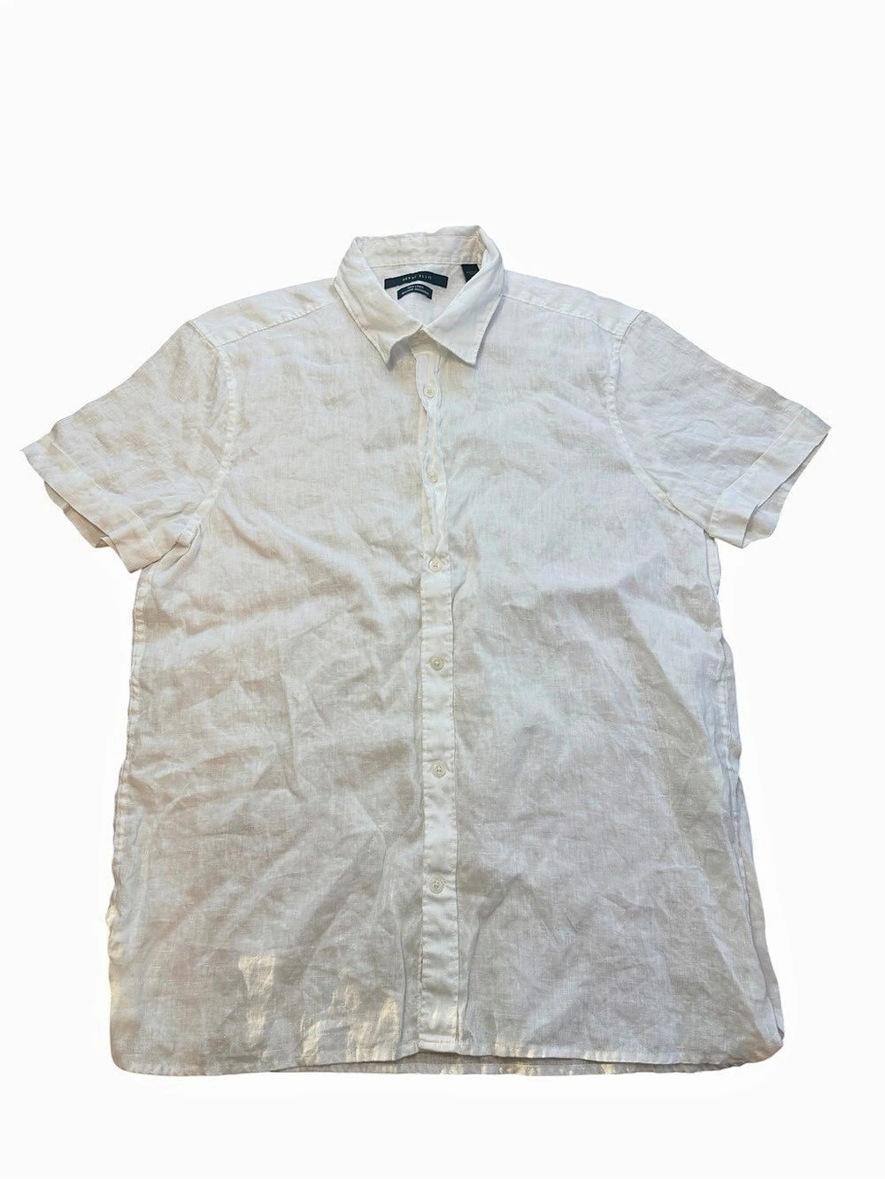 Perry Ellis Men's Size Large White 100% Linen Short Sleeve Button Down Shirt